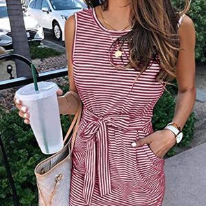 MEROKEETY Womens Summer Sleeveless Striped T Shirt Dress